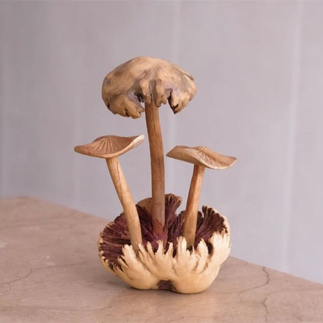 Hand-carved mushroom sculpture in natural wood tones, on a textured surface.