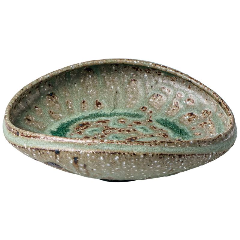 Handmade green & brown ceramic bowl, reactive glaze, rustic design.