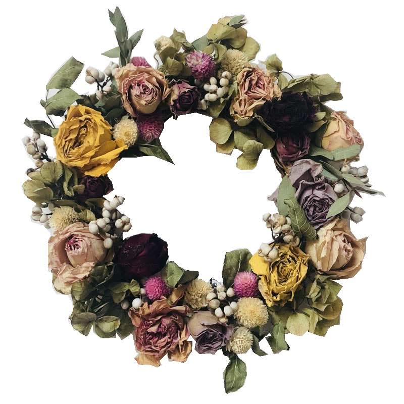 Natural Rose Round Garland with dried flowers in muted tones, including yellow, pink, and purple roses, eucalyptus and ber...