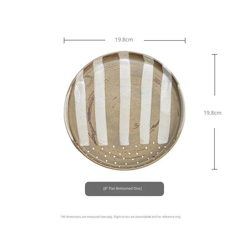 Overhead view of the 8-inch flat plate, showing a slightly textured, earthy tan finish and bold white stripes.