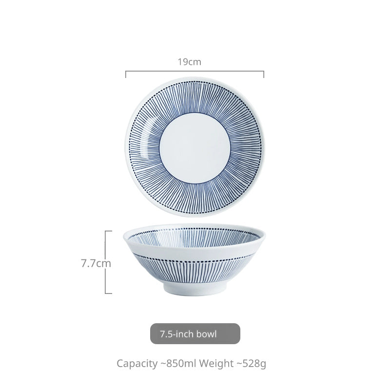 A white ceramic bowl with a blue striped pattern, shown from a top-down view and a side profile, with dimensions indicated.