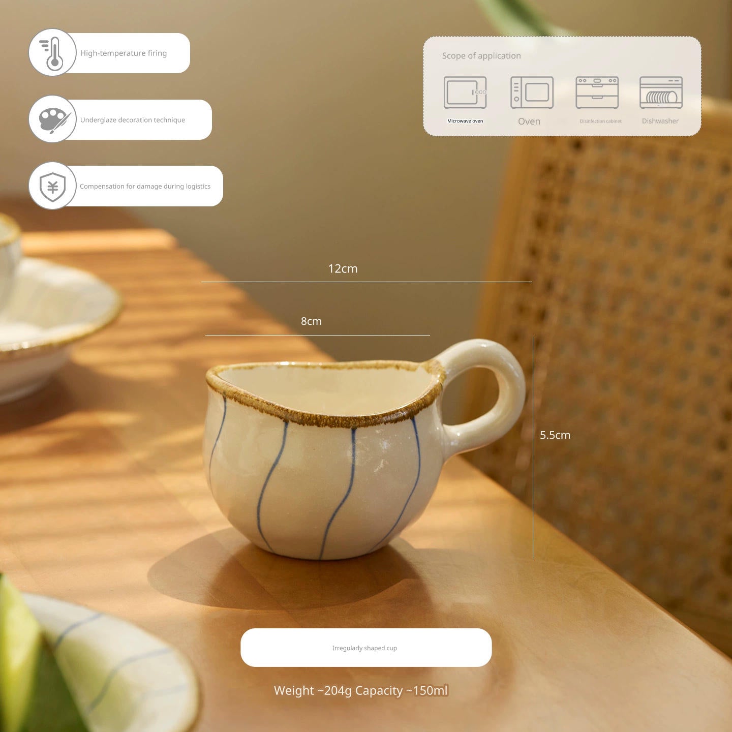 A close-up of a ceramic mug with blue stripes on a wooden table.