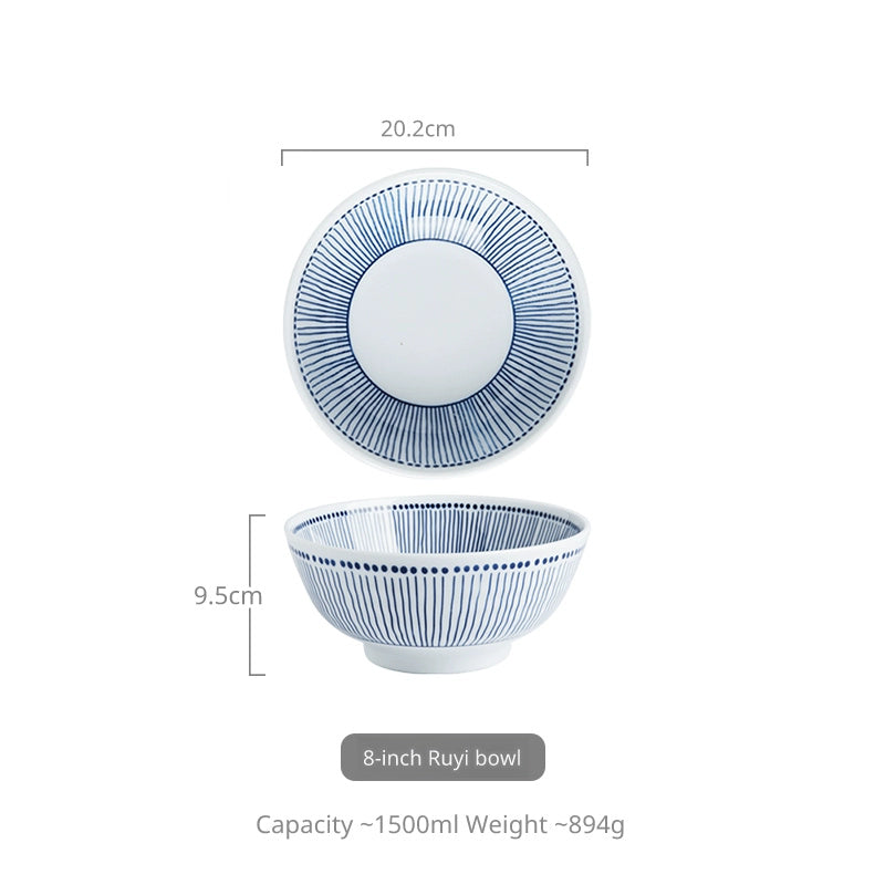 A white ceramic bowl with a blue striped pattern and a blue-rimmed interior, shown from the top and side view with dimensions.