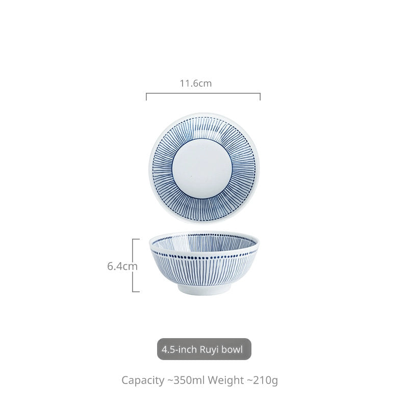 Top view and side view of a blue and white striped ceramic bowl.