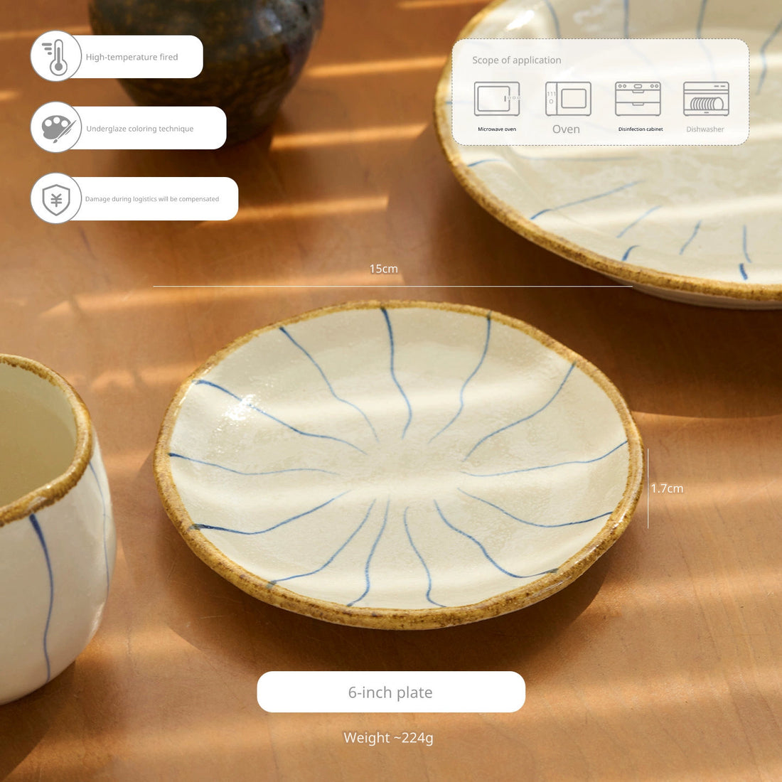 A close-up shot of a ceramic plate with a blue line pattern, alongside a ceramic mug, on a wooden surface.
