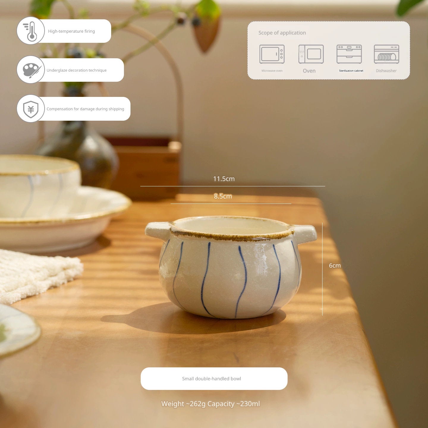 A ceramic bowl with blue stripes and handles sits on a wooden table next to other dishes.