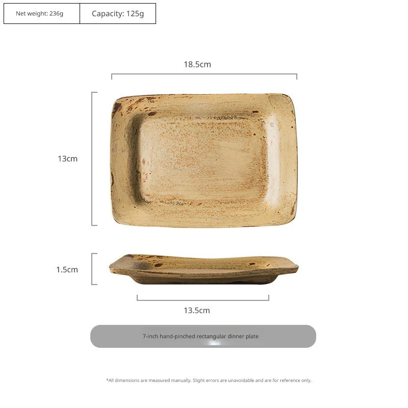 A rustic, square-cornered ceramic plate with a distressed, earthy-toned glaze.