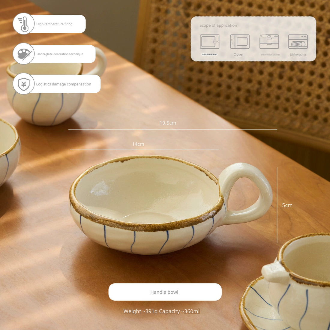 Ceramic bowls with blue stripes and handles on a wooden table.