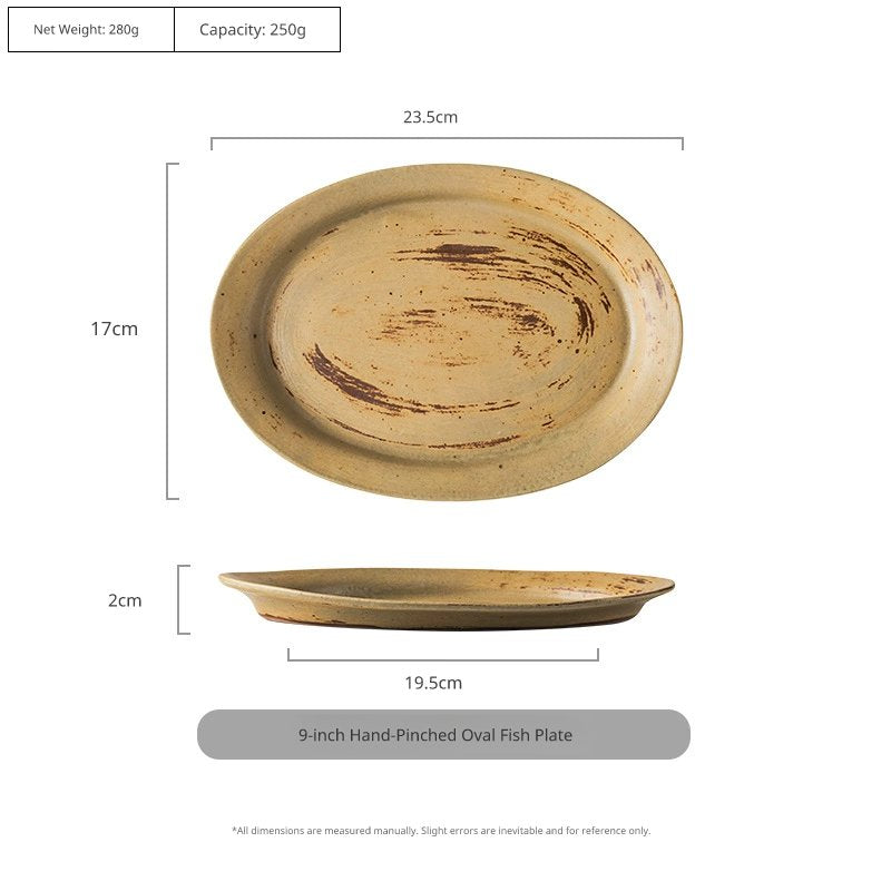 An oval-shaped, textured ceramic plate with a rustic, earthy yellow-brown glaze, shown from top and side views with measurement labels.