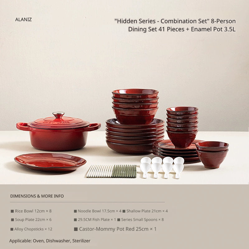 A red enameled pot and a set of red ceramic dinnerware are displayed on a table, with product dimensions and information listed below.