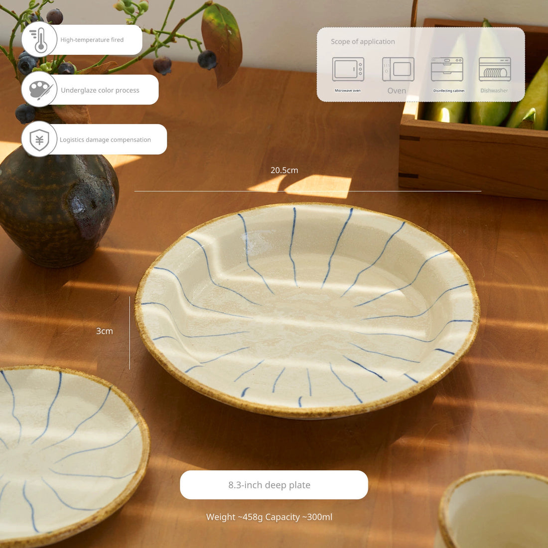 Close-up of a rustic ceramic deep dish with blue line patterns, sitting on a wooden table with some blueberries and a vase in the background.