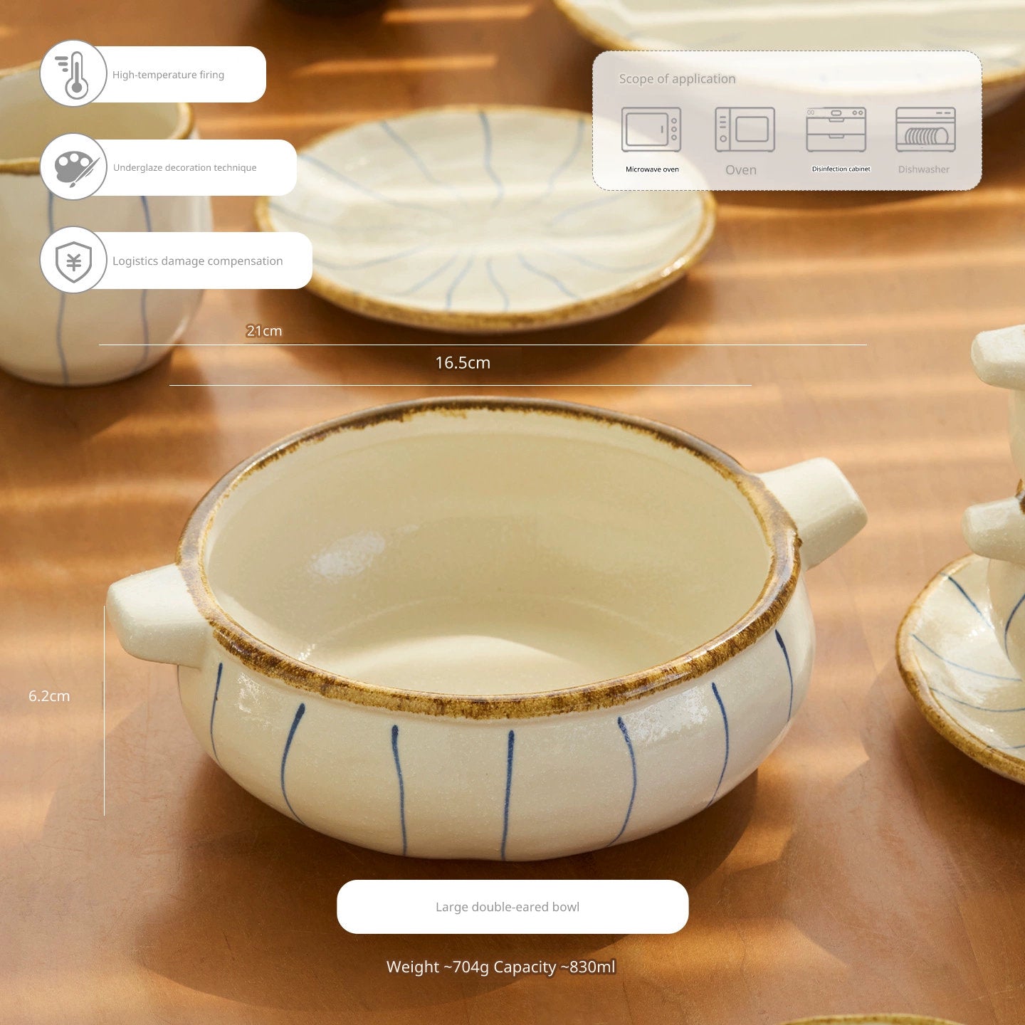 Close-up shot of a ceramic bowl with blue stripes and handles, with a ruler indicating its dimensions.