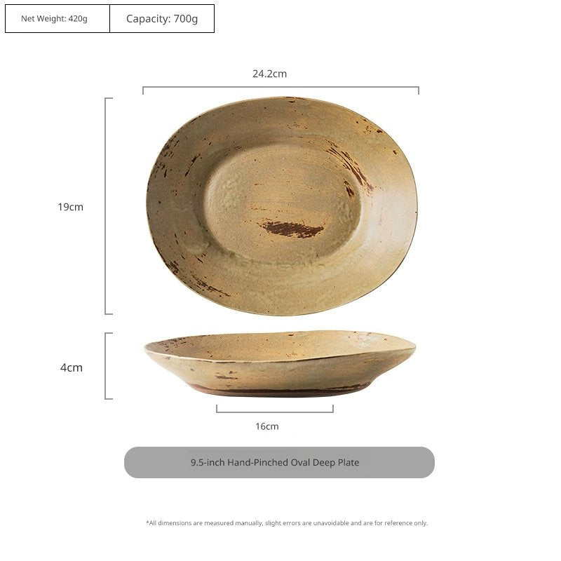 Rustic ceramic plate with a textured, uneven brown and beige glaze, viewed from top and side angles with dimension labels.