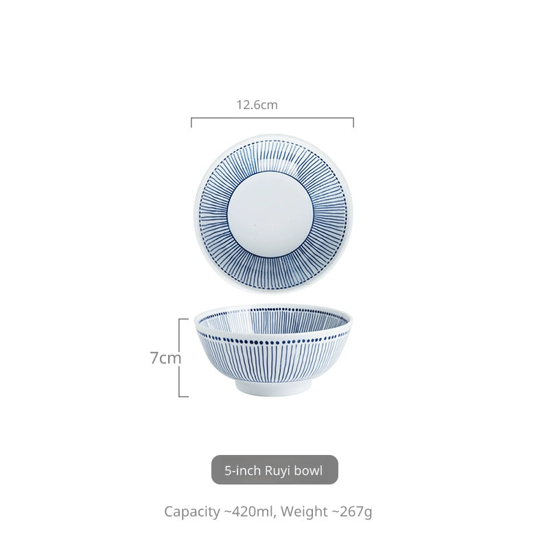 A top-down view and a side view of a blue and white striped ceramic bowl, with dimension lines and labels indicating its size and capacity.