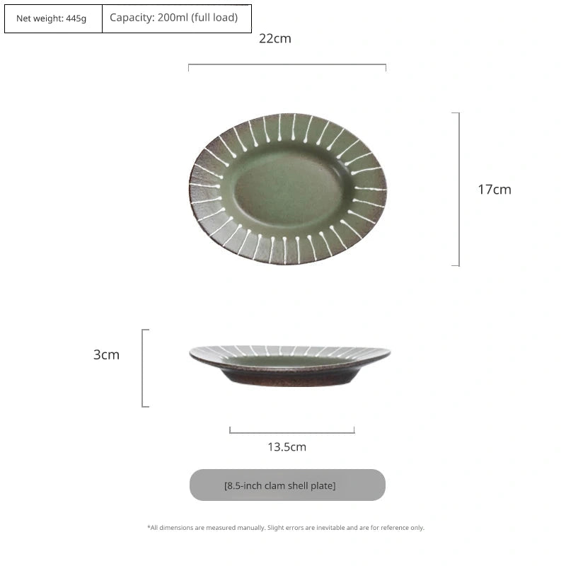 Overhead view of an 8-inch flat ceramic plate with a textured tan/light brown surface and white stripes.