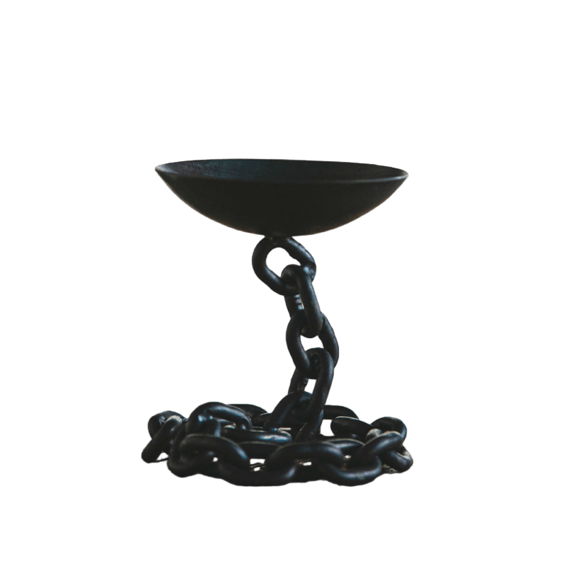 Black chain candle holder with a rustic iron finish.