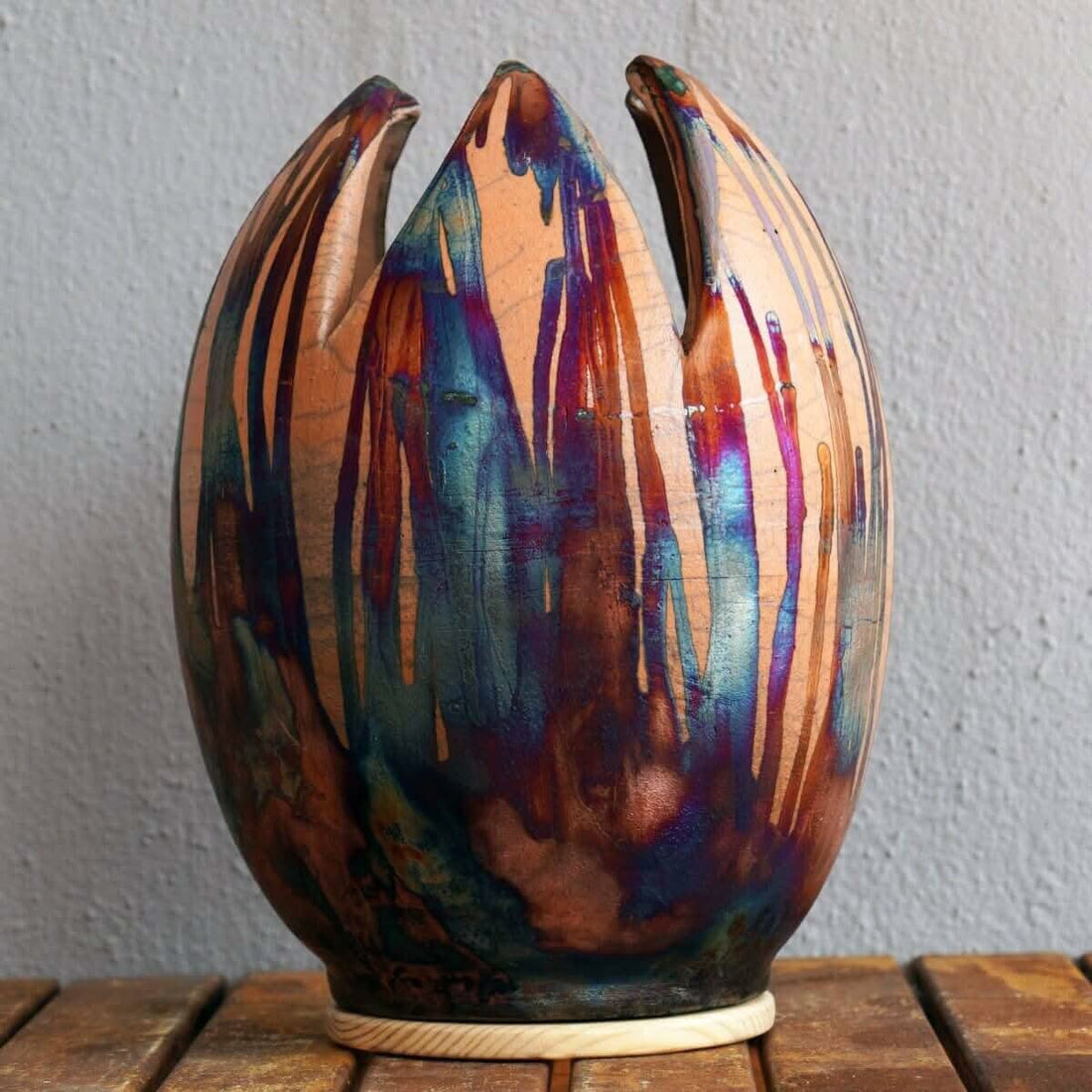 Large flower vase, raku fired, colorful, unique design.