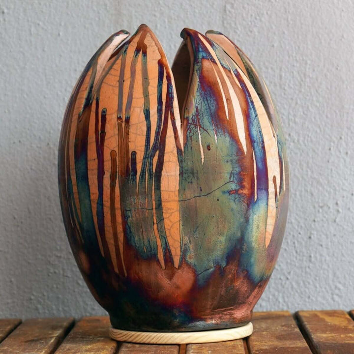 RAAQUU flower vase, 11", raku fired, multi-colored, unique design.