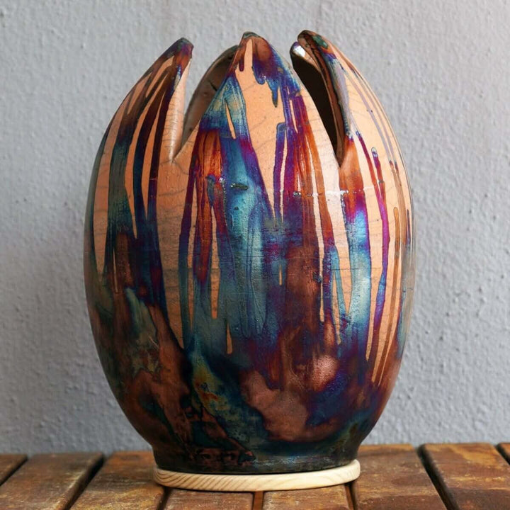 Large flower ceramic vase, raku fired, vibrant colors, unique design.