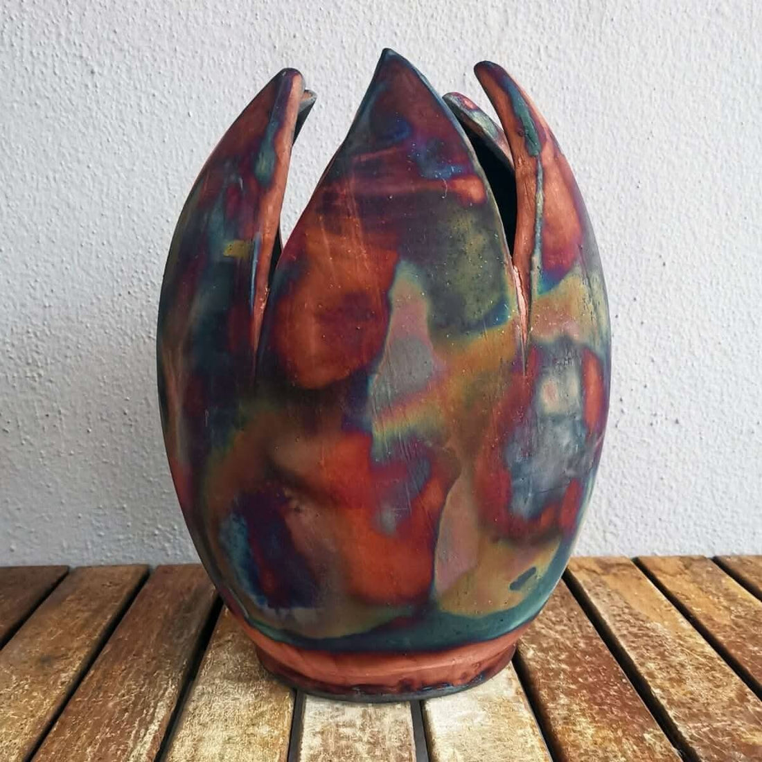 Multicolored raku flower vase, 11" tall, unique design.