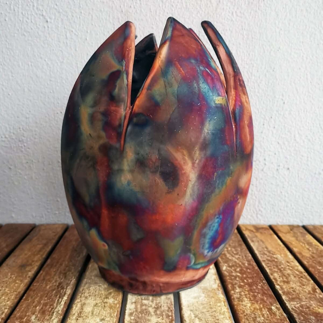 Multicolored raku flower vase, unique design, ceramic.