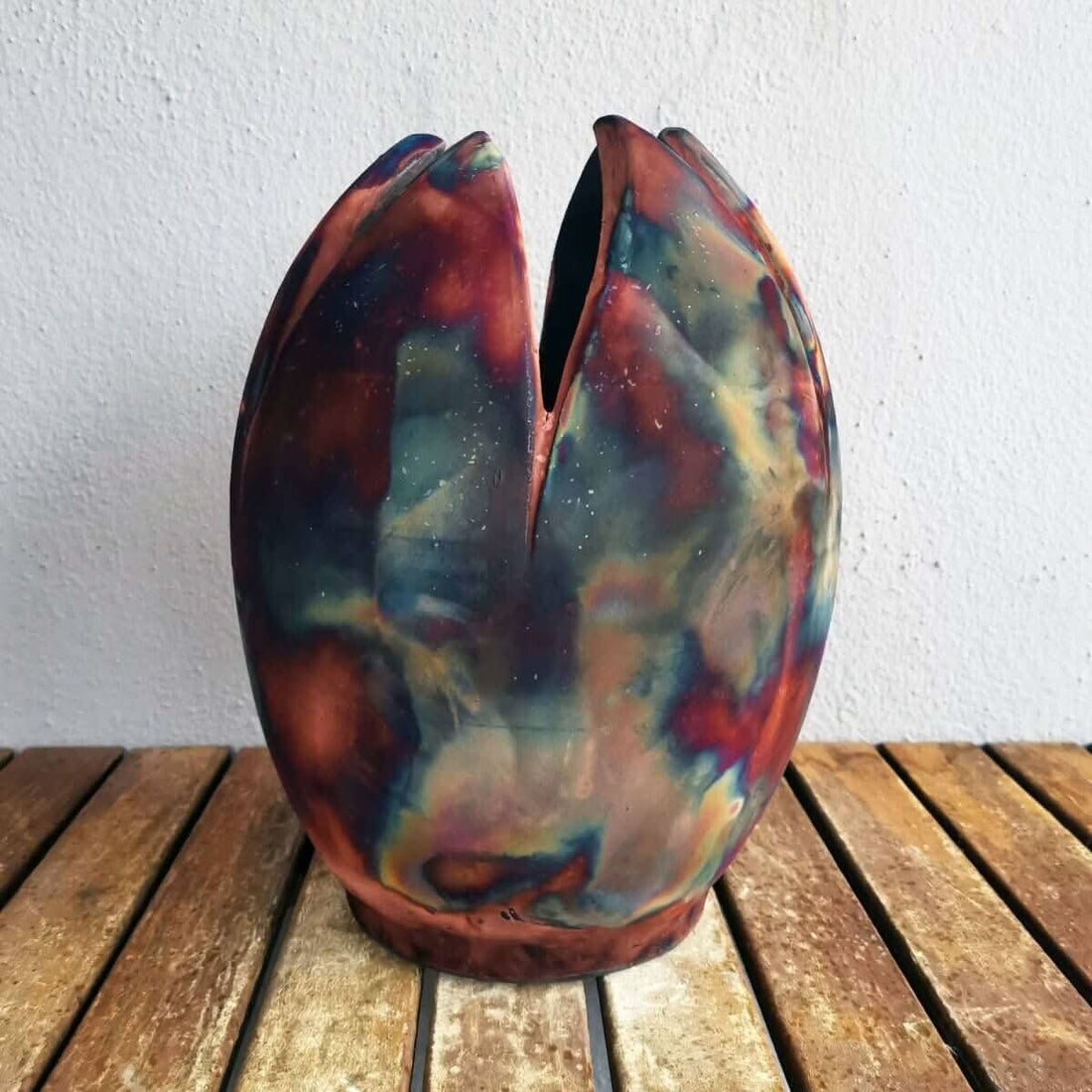 Multicolored raku vase, tulip-shaped, 11" tall.  Unique, vibrant colors.  Ceramic.  Pre-order.