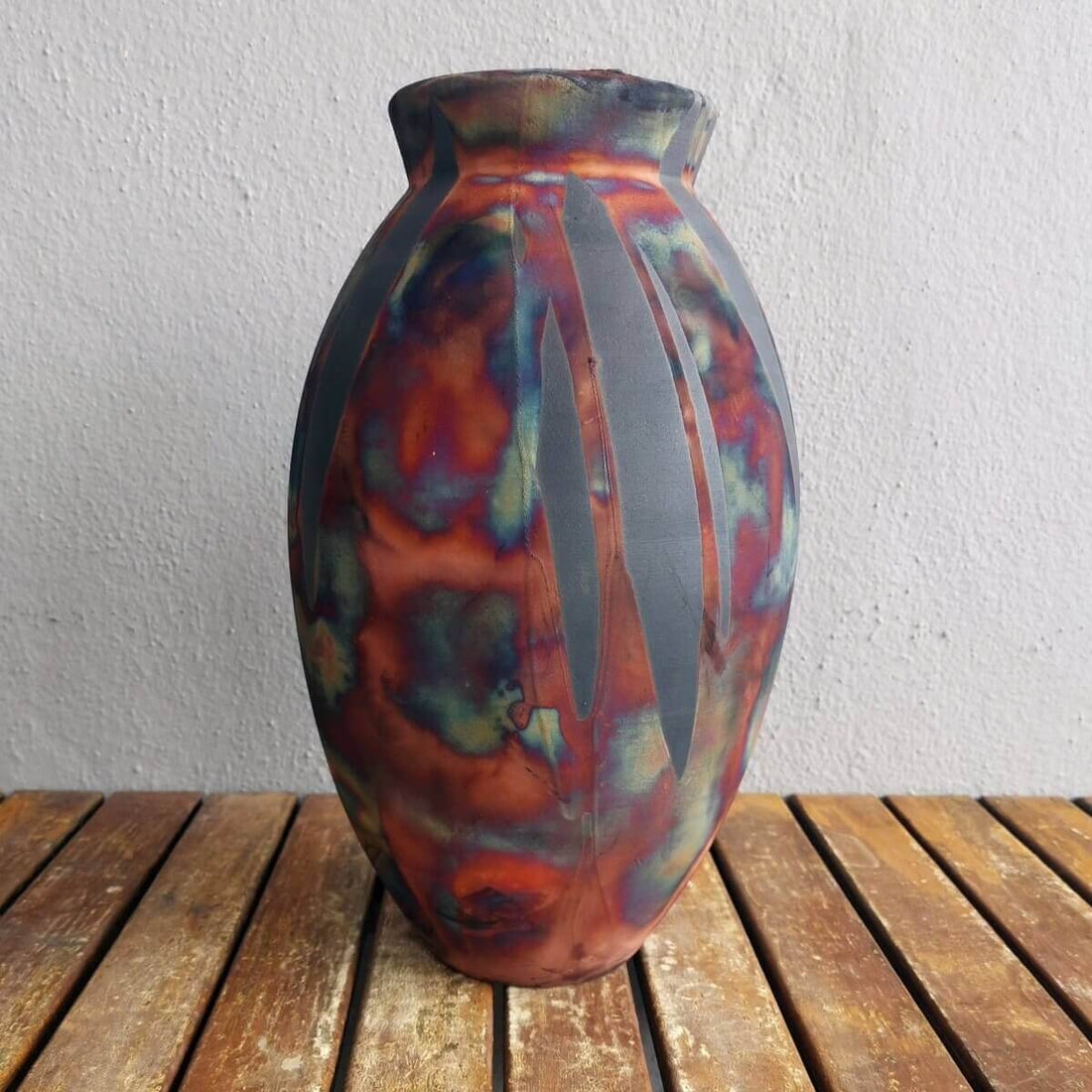 RAAQUU Large Oval Ceramic Vase Carbon Copper S/N0000535 13.5" Raku Pottery by RAAQUU