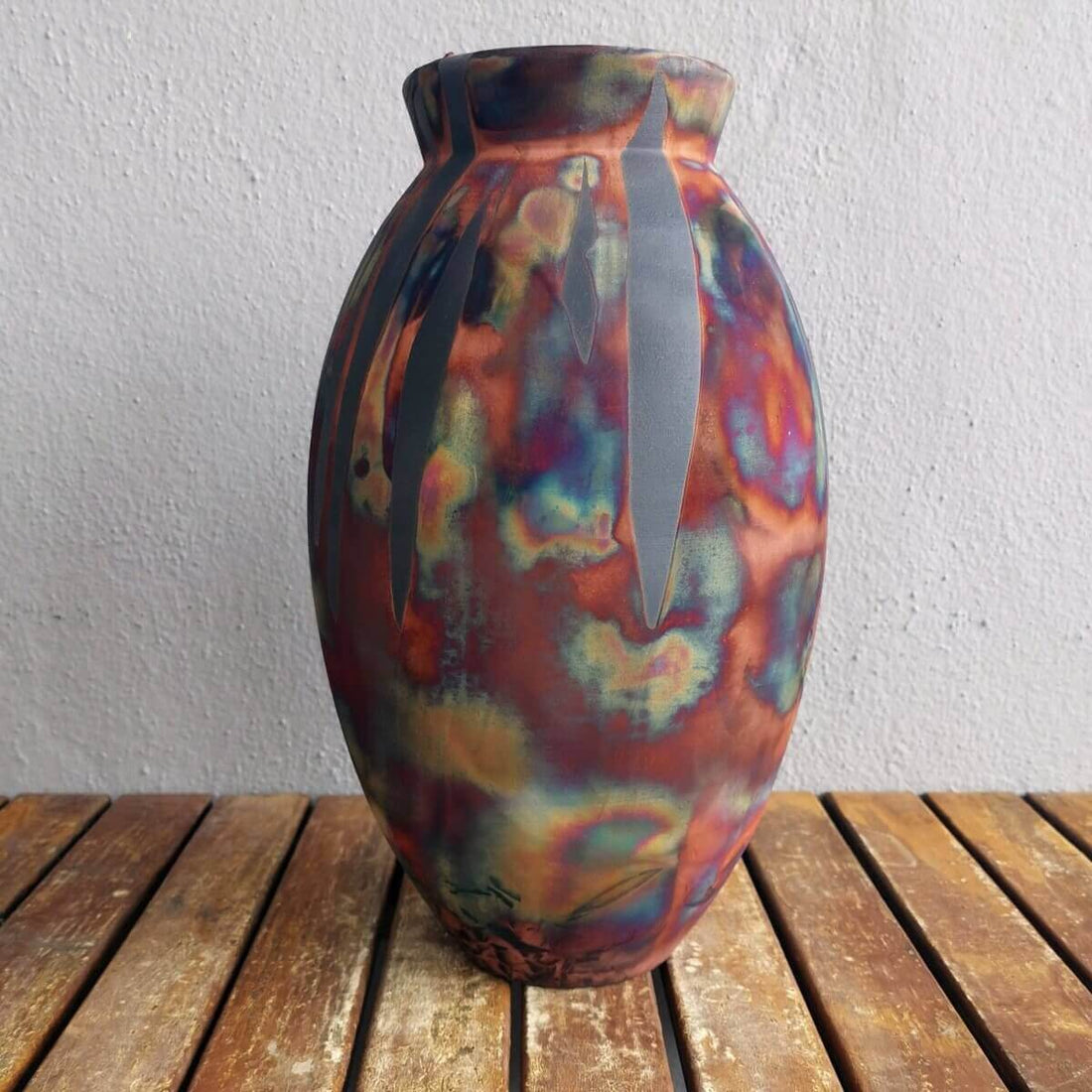 RAAQUU Large Oval Ceramic Vase Carbon Copper S/N0000535 13.5" Raku Pottery by RAAQUU