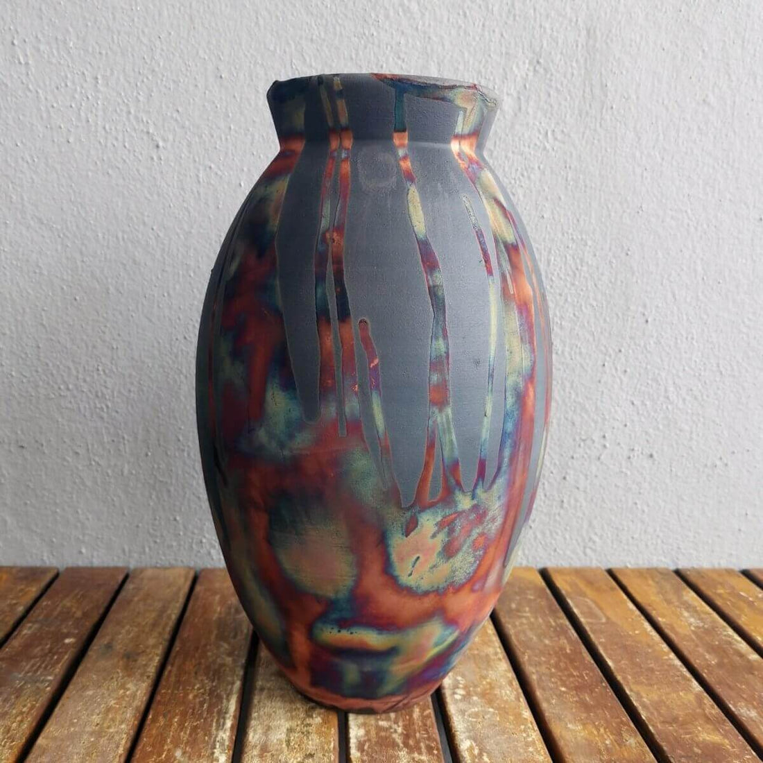 RAAQUU Large Oval Ceramic Vase Carbon Copper S/N0000535 13.5" Raku Pottery by RAAQUU