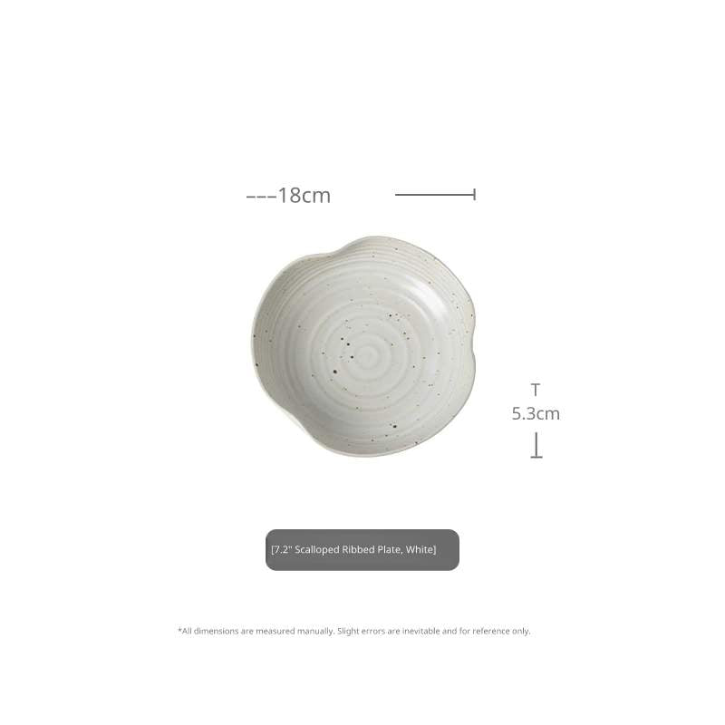 Top-down view of 7.2-inch white speckled ceramic plate with 18cm diameter and 5.3cm height.