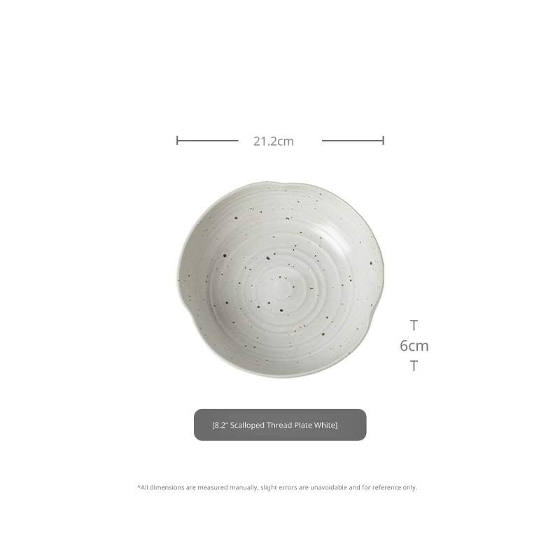 Top-down view of 8.2-inch white speckled ceramic bowl with 21.2cm diameter and 6cm height.