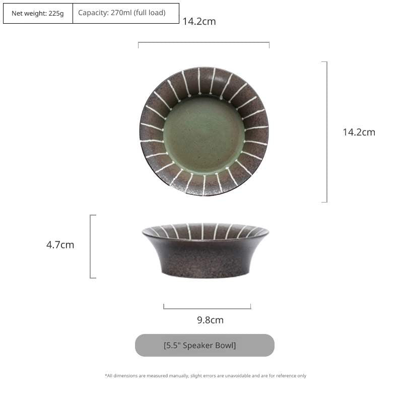 Overhead and side view of an 8.5-inch shallow green ceramic plate with white stripes, 17cm.