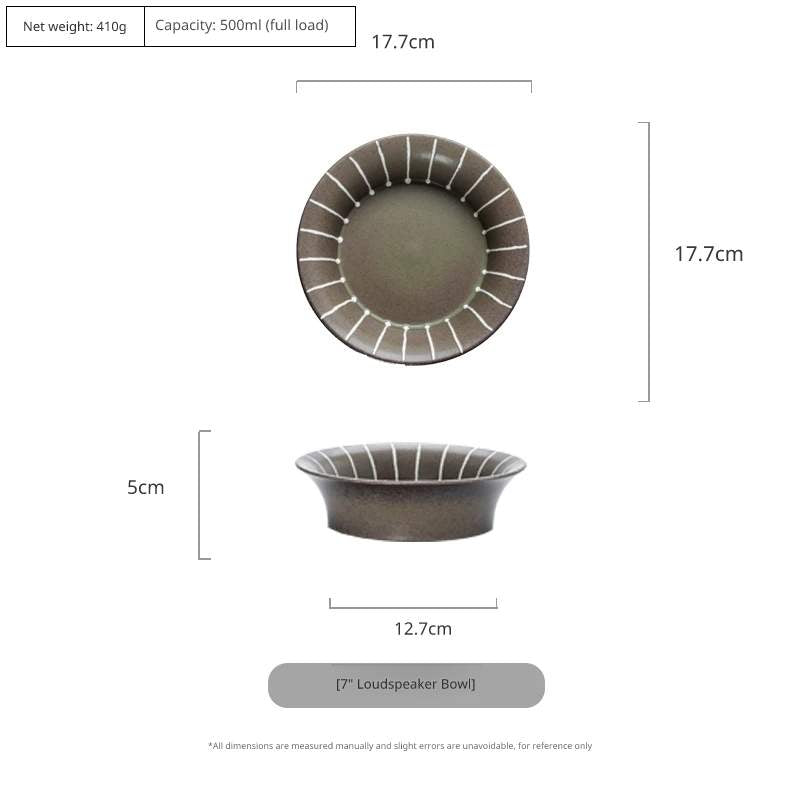 Overhead and side view of an 8.5-inch brown ceramic bowl with a large green center and white stripes, 22cm.