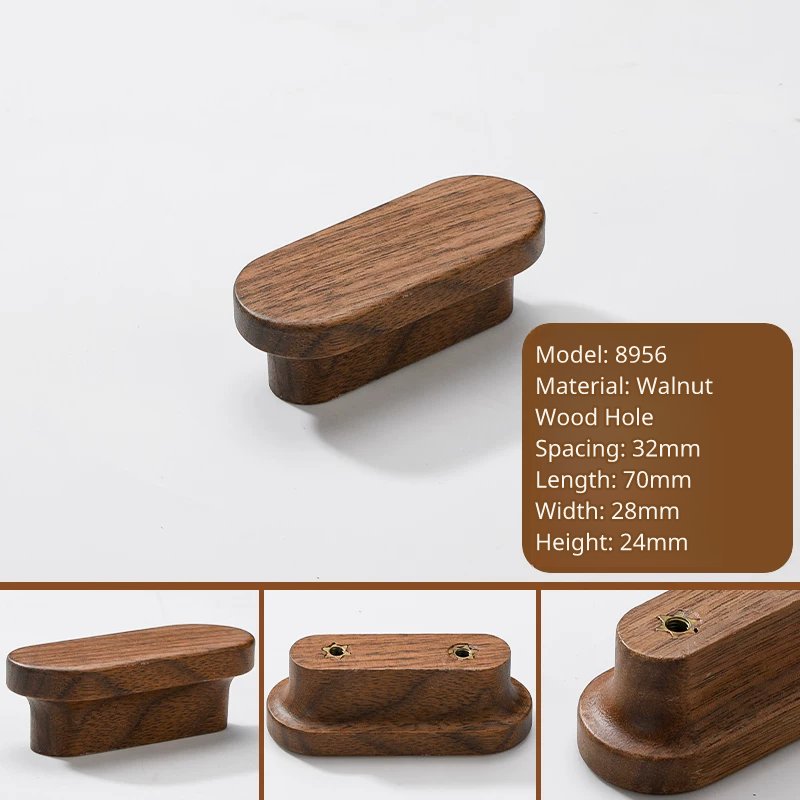 Close-up of Model 8956 small walnut wood pull with dimensions and mounting details.
