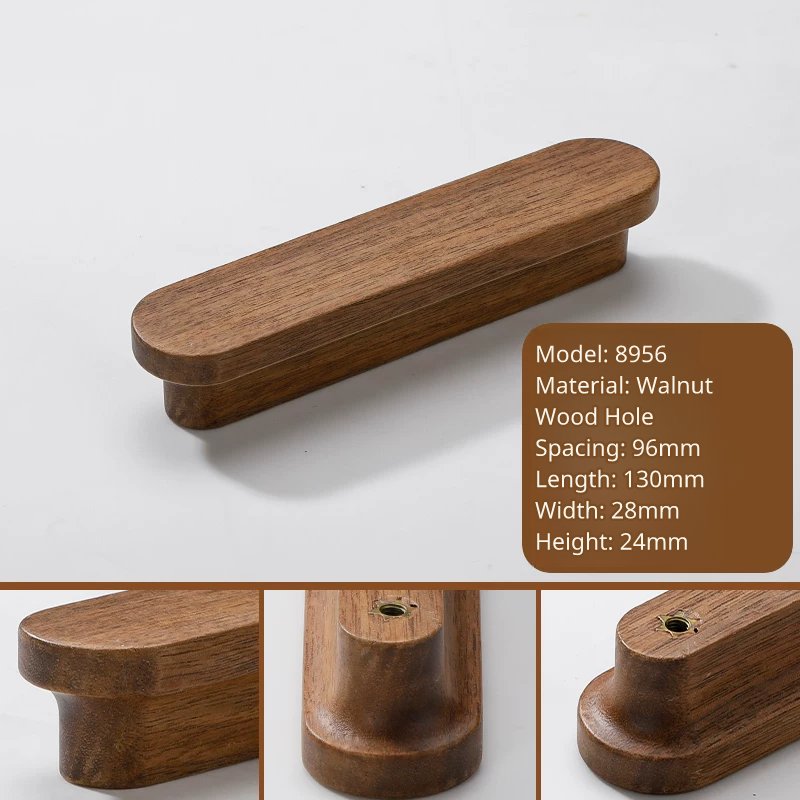 Close-up of Model 8956 medium walnut wood pull with dimensions and mounting details.
