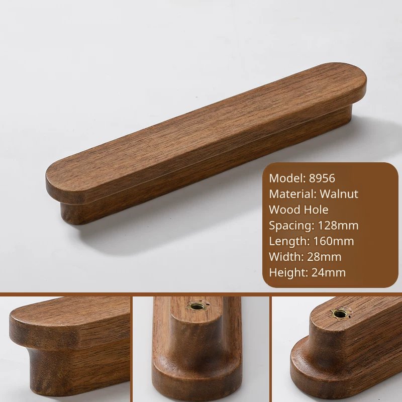 Close-up of Model 8956 long walnut wood pull with dimensions and mounting details.