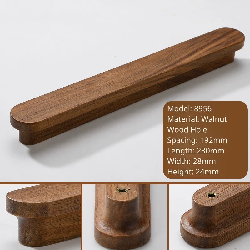 Close-up of Model 8956 extra-long walnut wood pull with dimensions and mounting details.