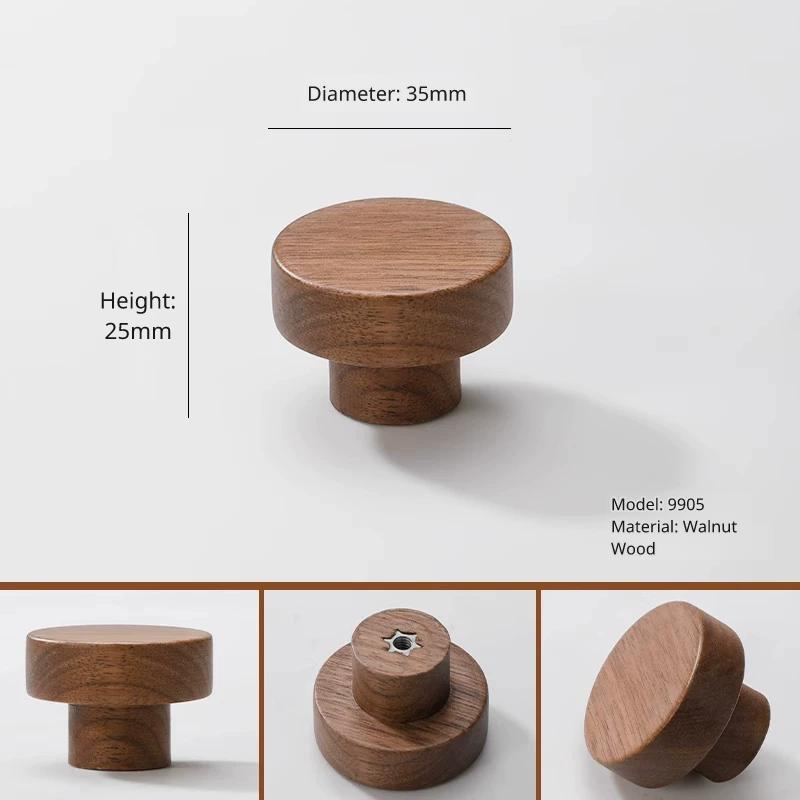 Close-up of Model 9905 small walnut wood cabinet knob, 35mm diameter, 25mm height.