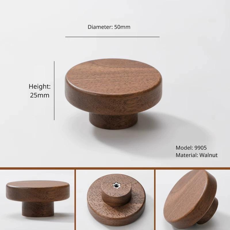 Walnut wood knob, diameter 50mm, height 25mm, model 9905. Side and bottom views shown.