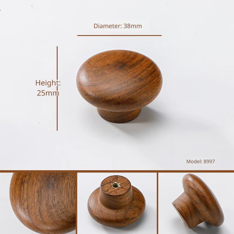 Small walnut wood knob, diameter 38mm, height 25mm, model 8997. Various angles shown.