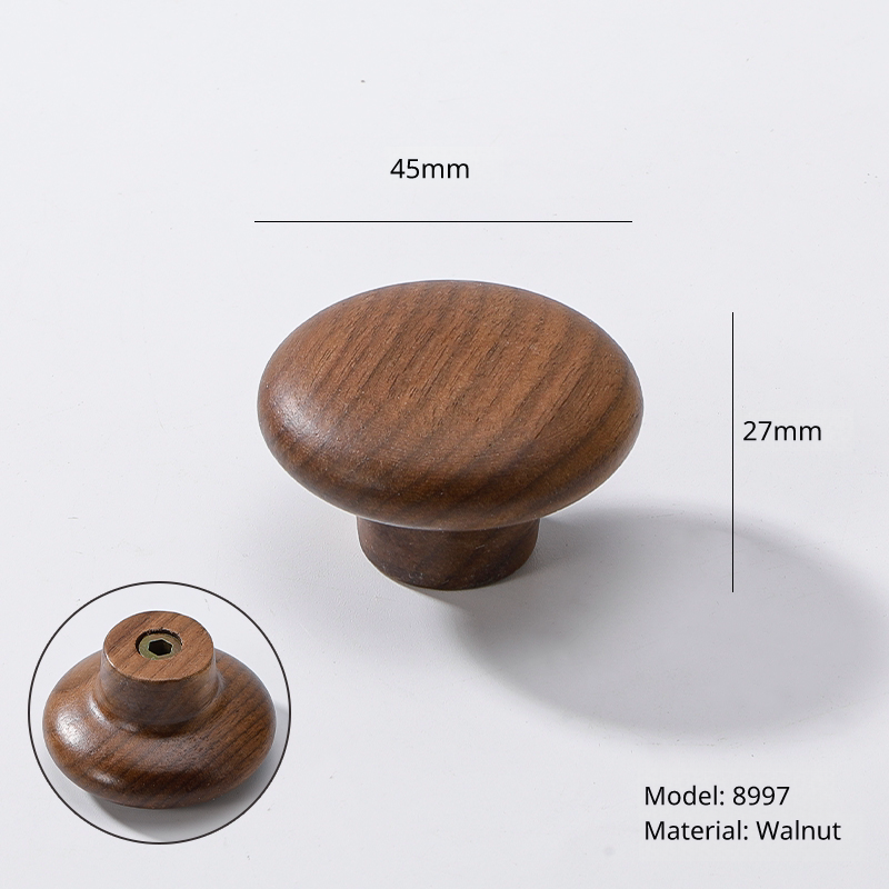 Walnut wood drawer pull, diameter 45mm, height 27mm, model 8997. Various views including the base.