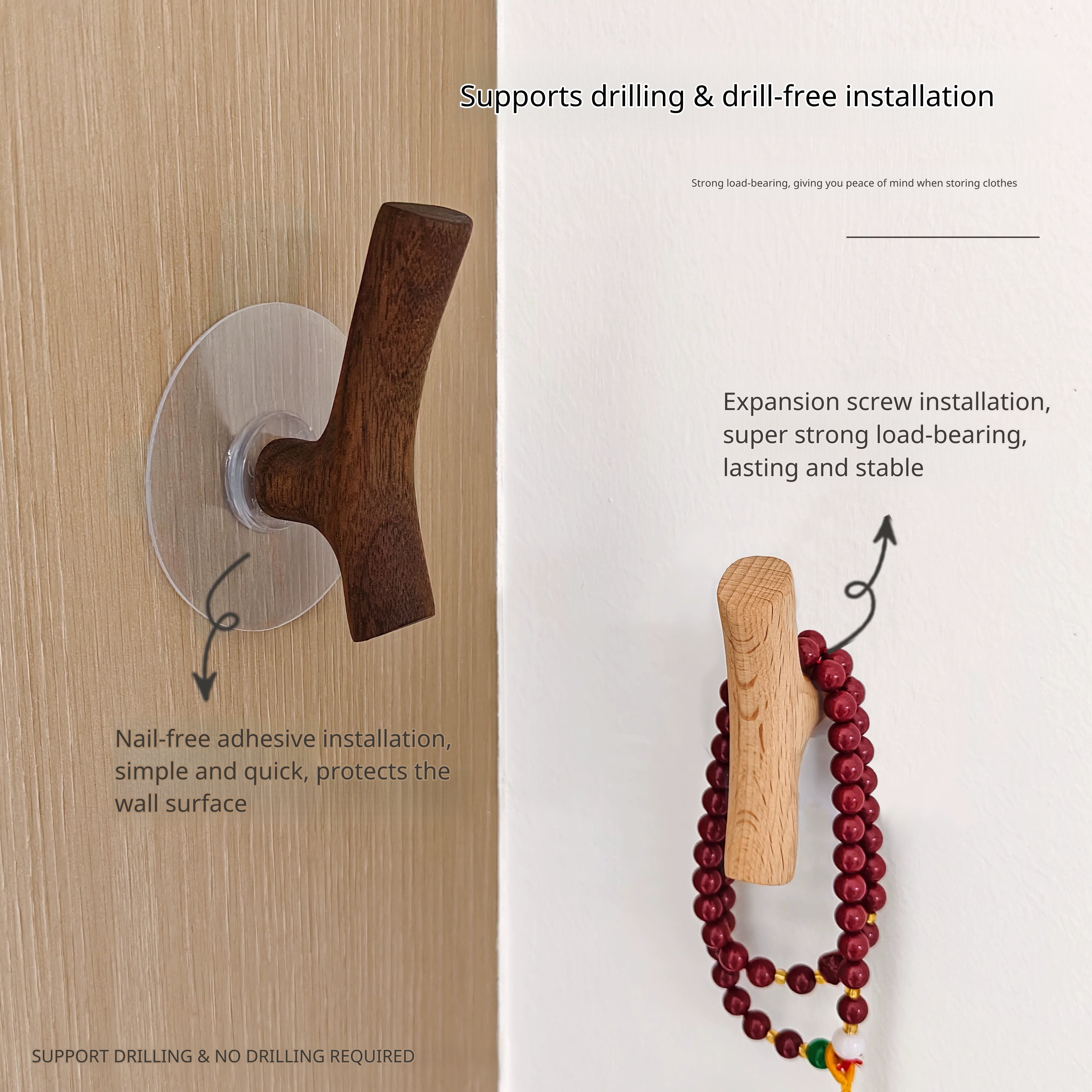 Dark walnut branch hook mounted with adhesive, holding red prayer beads, demonstrating strong load-bearing.