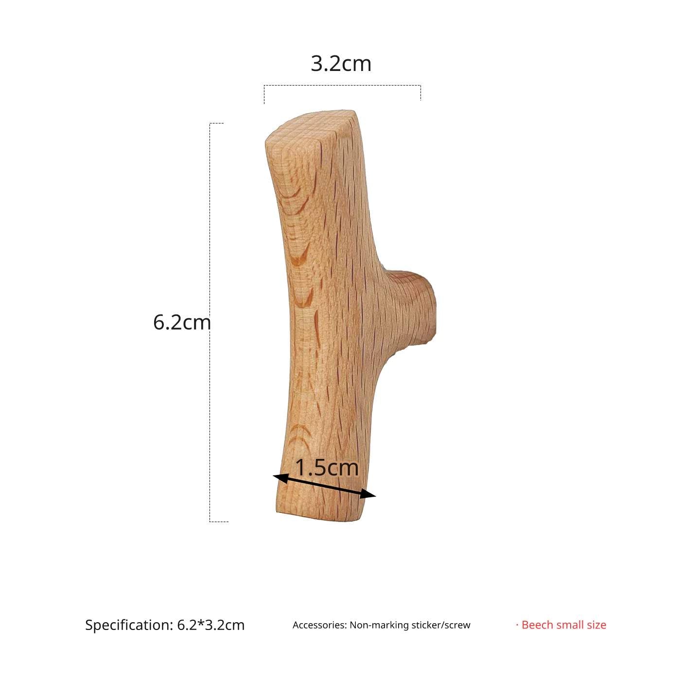 Dimensional drawing of the small light maple wood branch hook, 6.2cm high, 3.2cm wide.