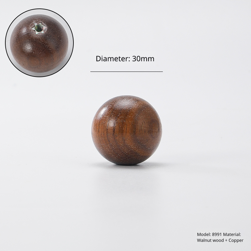 Medium spherical walnut wood knob, diameter 30mm, model 8991, brass fitting. Side view shown.