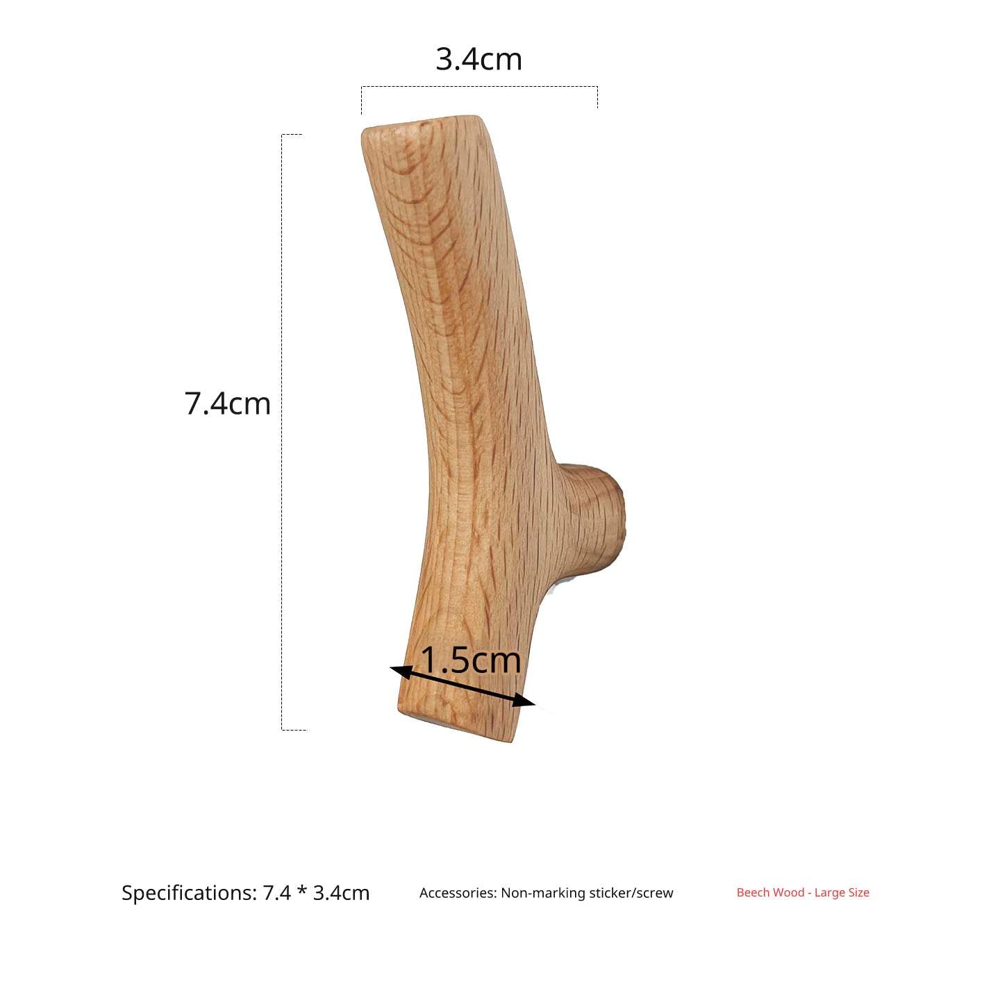 Dimensional drawing of the large light maple wood branch hook, 7.4cm high, 3.4cm wide.