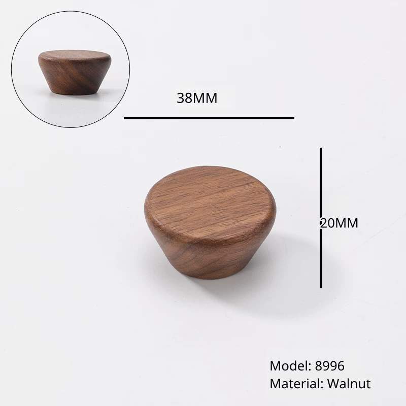 Tapered walnut wood pull, diameter 38mm, height 20mm, model 8996. Side profile shown.
