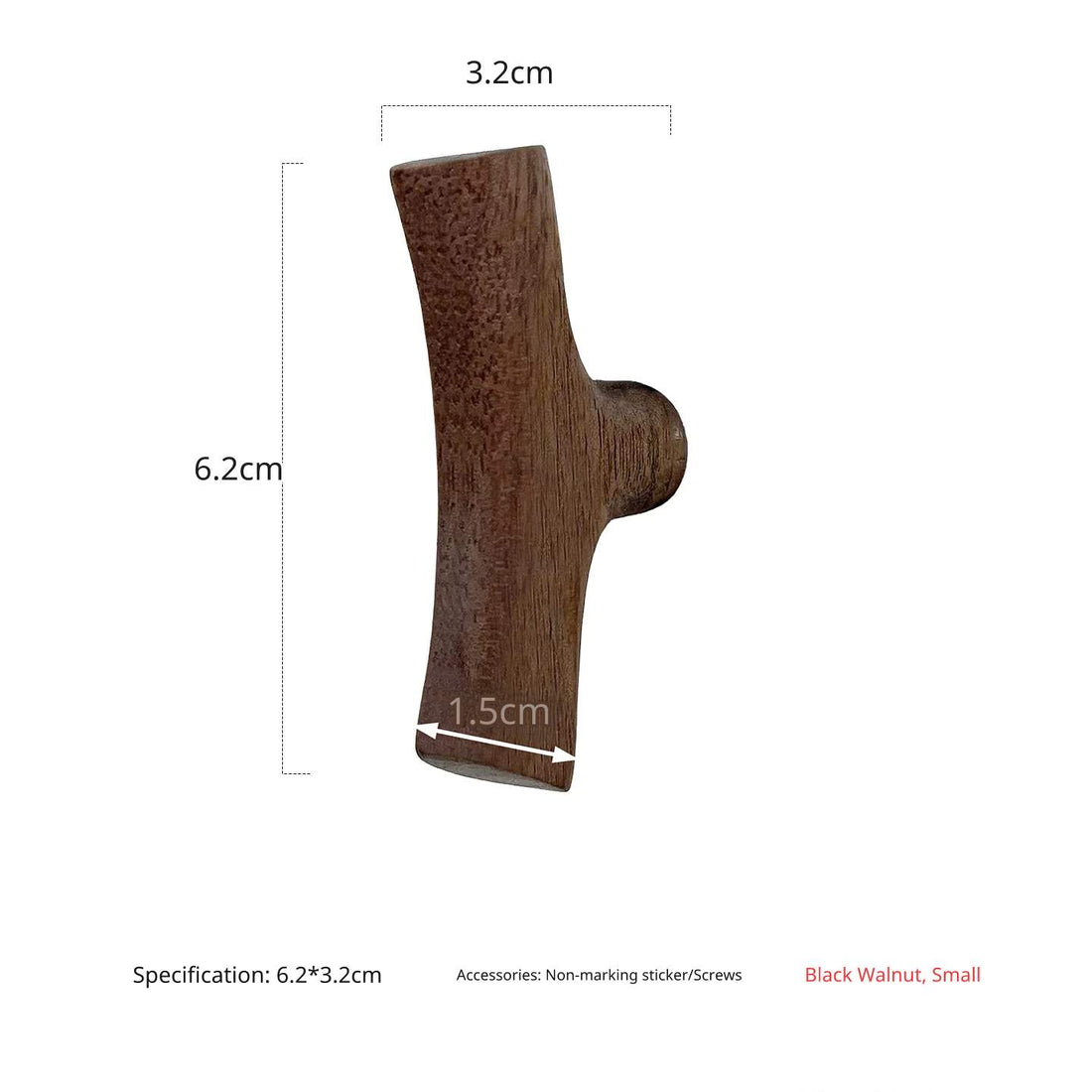 Dimensional drawing of the small dark walnut wood branch hook, 6.2cm high, 3.2cm wide.