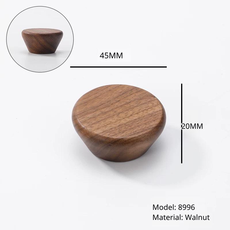 Tapered walnut wood pull, diameter 45mm, height 20mm, model 8996. Side profile shown.