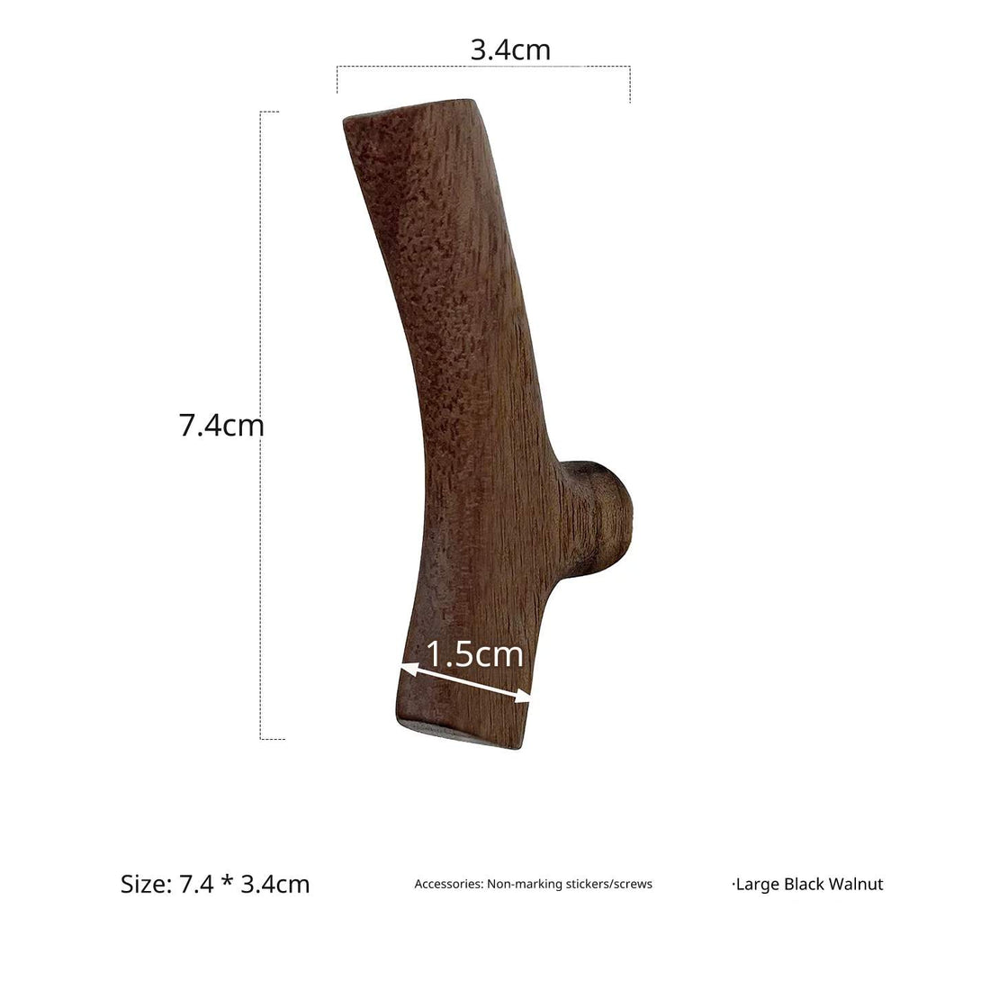 Dimensional drawing of the large dark walnut wood branch hook, 7.4cm high, 3.4cm wide.