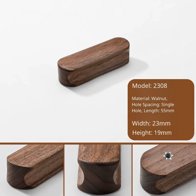 Long rectangular wooden handle pull, 55mm length, 23mm width, 19mm height, model 2308. Multiple angles.
